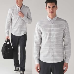 Lululemon Commission Long Sleeve Shirt XL Qwick Oxford Polar Night Stripe Top